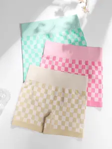 Women's 3-Piece Checkerboard Printed Scrunch Shorts, Soft Polyamide Casual Active Bottoms for Outdoor Fun