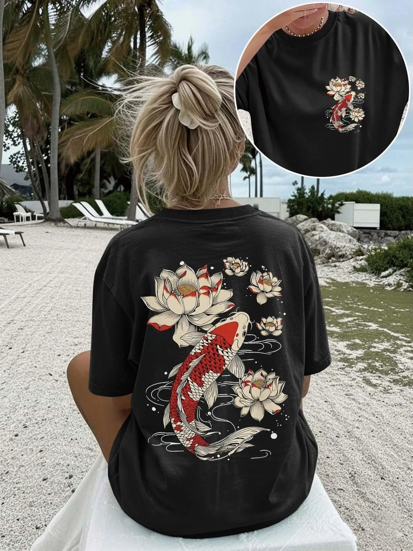 Men's Baggy Japanese Red Koi Fish Lotus Flower Double-Sided T-Shirt, Vintage Oriental Aesthetic Casual Wear Tee, Good Luck Graphic Oversized Top for Girls