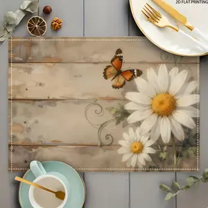 2D flat printing, 2-piece/4-piece/6-piece/8-piece set, spring themed placemats with daisy and butterfly patterns, these elegant coffee table mats are perfect for creating exquisite dining decorations in classic homes.