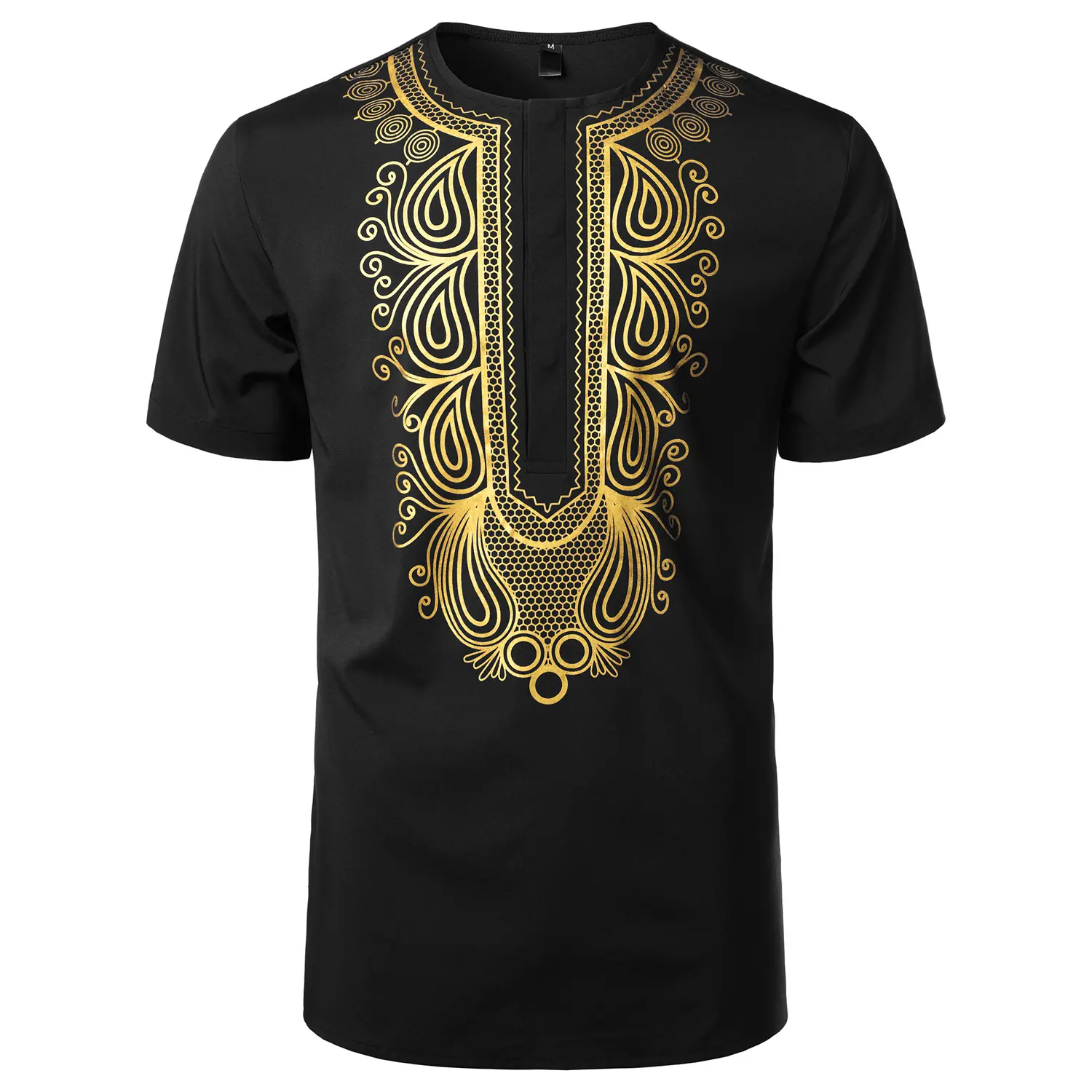 ZEROYAA Men's African Ethnic Hidden Button Short Sleeve Shirt Metallic Gold Printed Dashiki Menswear Fabric summer outfits men 4th july outfit Black Casual