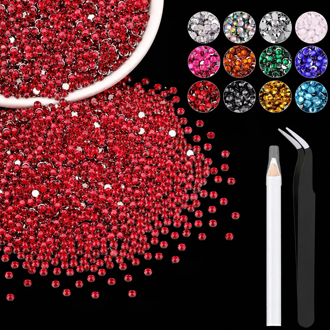 5000PCS 3mm Red Resin Rhinestone Bedazzling Kit - Flatback Crystals, Pickup Pen, Tweezers, Nail Art Glue, Bright Shine Bulk Pack for Rhinestone Nails, DIY Tumblers Metallic Sparkle Center Stage Rhinestone