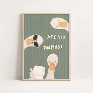 Funny Goose Bathroom Print, Sage Green Stripes Pooping Wall Art1 - (Unframe)