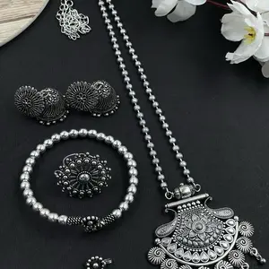 Oxidized Long Necklace Combo Set with Bracelet, Jhumka, Finger Ring & Nose Pin