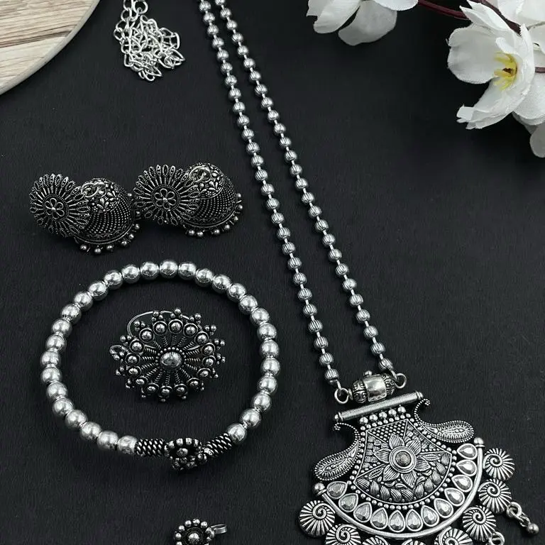 Oxidized Long Necklace Combo Set with Bracelet, Jhumka, Finger Ring & Nose Pin