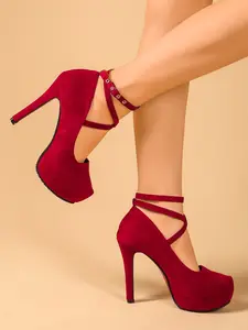 Women's Wine Velvet Waterproof High Heel Shoes, Cross Strap Round Toe Slim Design, Elegant Classy Retro Style Single Shoe, Stylish