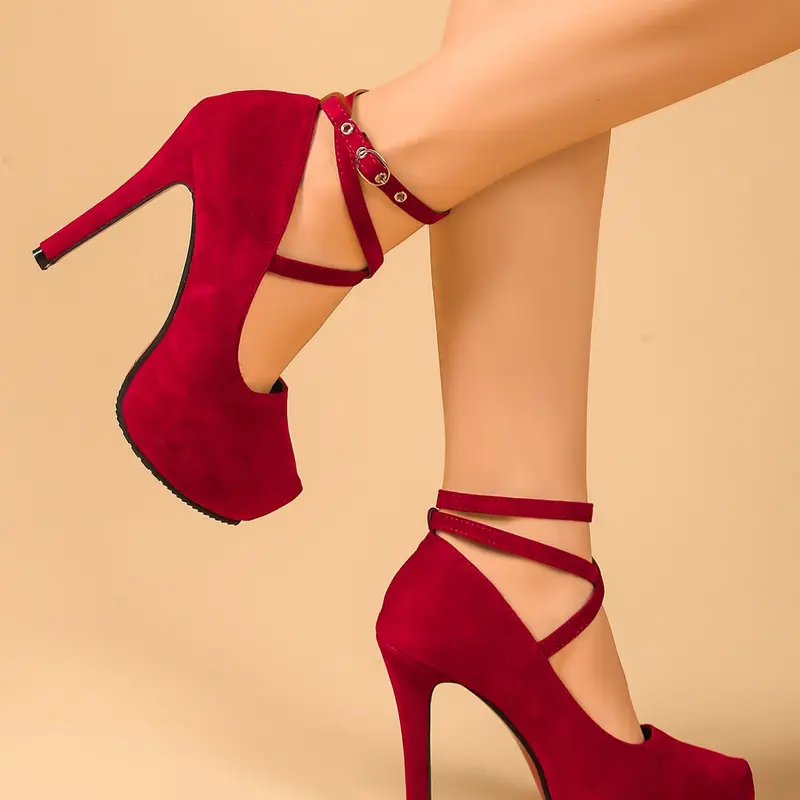 Women's Wine Velvet Waterproof High Heel Stiletto Heel Shoes, Cross Strap Round Toe Slim Design, Elegant Classy Retro Style Single Shoe, Elegant Stilettos, Stylish Wedding Day Footwear, Heeled Shoes, Stylish Evening Footwear