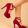 Women's Wine Velvet Waterproof High Heel Stiletto Heel Shoes, Cross Strap Round Toe Slim Design, Elegant Classy Retro Style Single Shoe, Elegant Stilettos, Stylish Wedding Day Footwear, Heeled Shoes, Stylish Evening Footwear