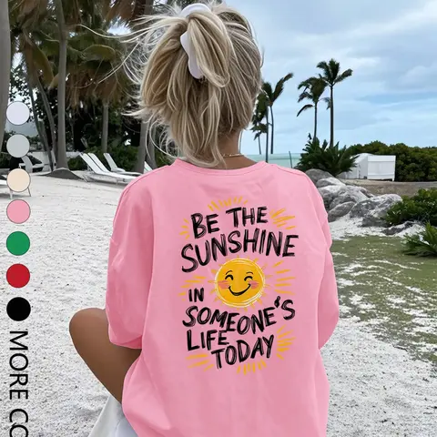Summer New Sun Pattern T-Shirt, Letter Print Round Neck Short Sleeve Top, Loose Fit Comfortable Casual Wear, Casual Summer Style, Ideal for Summer, Beach T Shirt