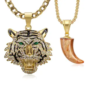 18K Gold Plated Tiger Head with Green Eyes Tooth Pendant Punk Rock Stainless Steel Necklace, 24 Inch 7mm Layered Chain for Men Hip Hop Animal Jewelry