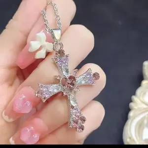 2025 New Y2K Punk Pink Purple Zircon Cross Necklace for Women Rhinestone Pendant Clavicle Chain Charm Party Jewelry Gifts