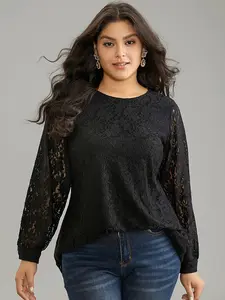 【Summer Turn-Up】【Minimalist】BlOOMCHIC Plus Size Solid Crochet Lace Mesh Crew Neck Blouse - Black Long Sleeve Regular Fit Plain Button Patchwork Top Shirts Fabric Womenswear Garment Nylon [M-6X] 2026 Summer Pick for Mother's Day