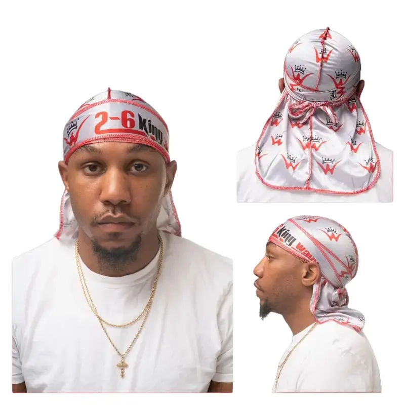 2-6 King Wavy's Premium Silk Durag White Red W Logo Satin Lined Bonnet Sleep Bonnets Hat Accessories One Size Fits All