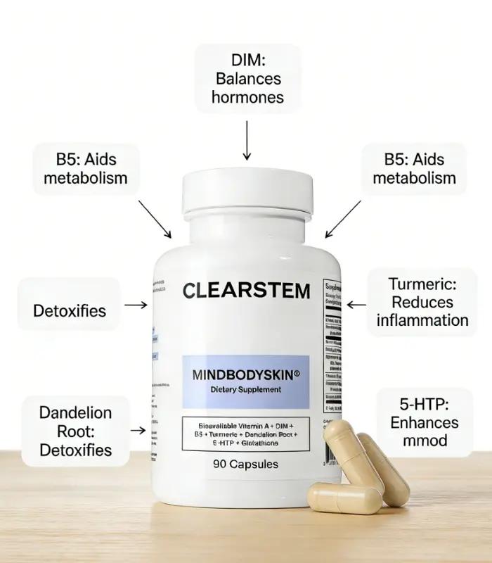 MINDBODYSKIN Hormonal Acne Supplement - Digestive Support, Liver Detoxifiers, Hormone Balancing, Mood Support, Reduces Stress, PMS Acne, Excess Oil, 90 Capsules