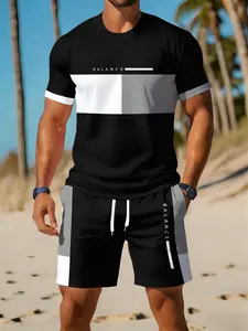 Men's Sportswear Set, Fashion Colorblock Short Sleeve Tee and Shorts, Comfortable Breathable Casual Two-Piece, Summer Outdoor Fitness Wear