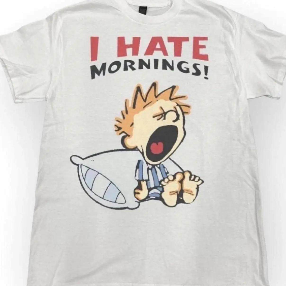 Vintage Style Calvin I Hate Mornings Funny Graphic Tshirt, Fashion Cotton, Full Colors, Full Sizes, For Men, For Women