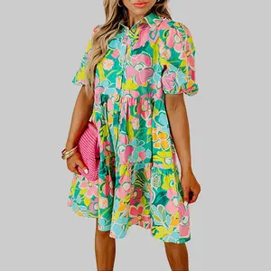 2026 SS Green Floral Puff Sleeve Collar Buttoned Babydoll Dress for Women Casual Spring Fashion - Womenswear Elegant Chic