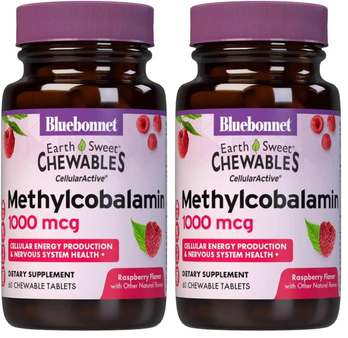 BlueBonnet EarthSweet Methylcobalamin 1,000 mcg Active Coenzyme Form of Vitamin B12 Supports Energy Boost & Metabolism - Vegan, Gluten-Free - Raspberry Flavor - 60 Chewable Tablets (Pack of 2)