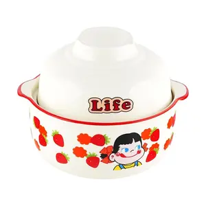 Golden Lion Large Capacity Ceramic Noodle Bowl Set - 750ML & 500ML Strawberry Girl Design, Dual-Use Instant Ramen Bowl