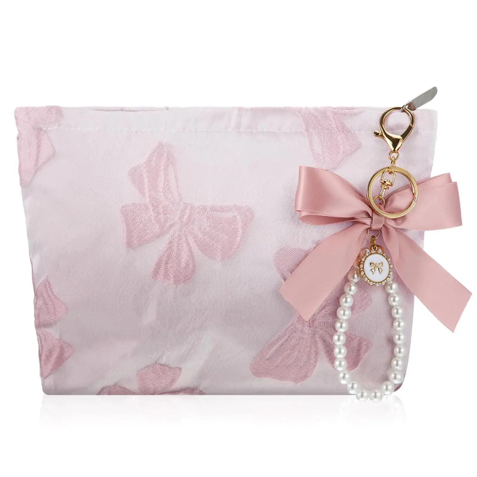 Reginary 2 Pcs Coquette Pink Makeup Bag Pearl Bow Wristlet Keychain Set Canvas Preppy Cosmetic Bag Aesthetic Cute Zipper Pouch Travel Toiletry Bag Coquette Gift Accessories for Women(Bow)