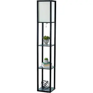 LF1014-BLK 62.5" Modern Etagere Organizer Storage 3 Shelf Floor Lamp with White Linen Fabric Shade for Home Décor, Office, Study, Bedroom, Living Room, Dining Room, Black