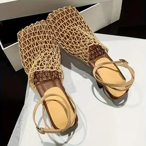 2025FashionableRomanHighHeelswithBraidedHollowOne-WordStrapThickandMediumHeelSandalsFishnetShoesWomenGirlFootwearSummerMakapalRubberBuckleMulticolorplatformheels