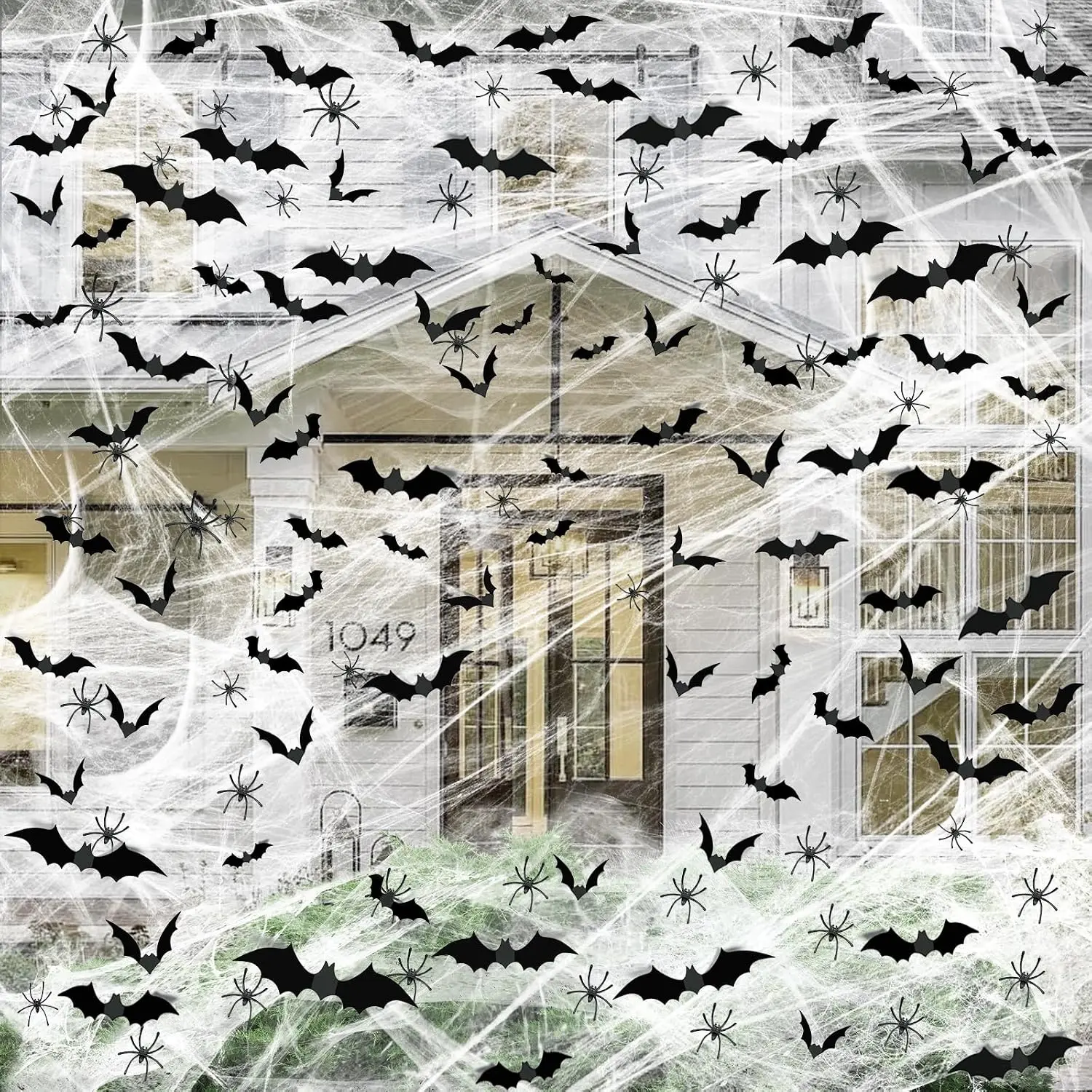Halloween Spider Web Decoration Kit, 1200 Sq Ft Stretch Cobwebs with 120 Fake Bats & 50 Fake Spiders, Indoor & Outdoor Haunted House Party Decor