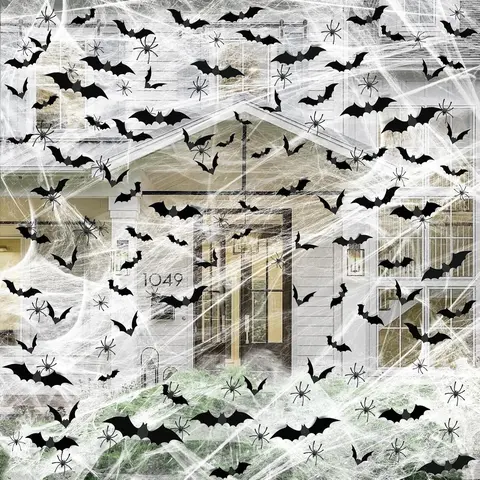 Plastic Spooky Large Halloween Spider Web Decor Kit - 1200 Sq Ft Lightweight Stretch Cobwebs, 120 Fake Bats, 50 Fake Spiders, Easy Setup Plastic Decor for Indoor-Outdoor Haunted House, Halloween Decoration