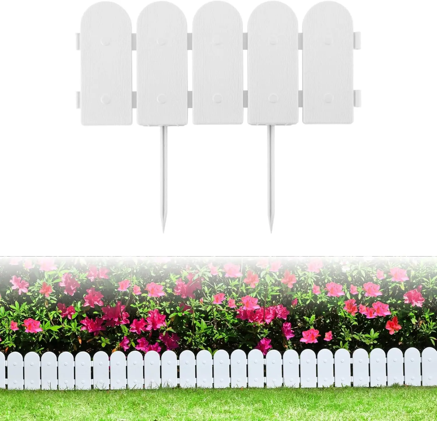 Garden Border Edging: Wooden Fence Design - 8pcs White Yard Landscaping Fence Liner Lawn Edge Barrier - 10ft Kit of Decorative Lawn Landscape Panels Elements -Landscaping Edging-GMT-10374-D08