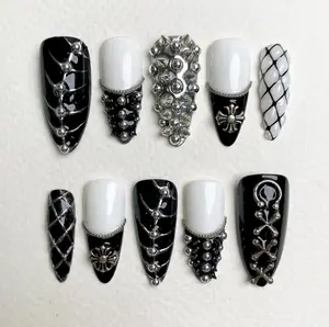Gothic Black and White Press On Nails: Metal Charms, Punk Rock False Nails