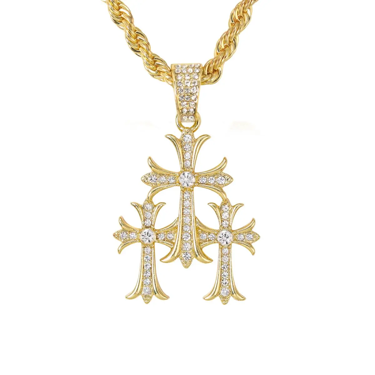 "Triple Cross" Fashion Jewelry Accessory, Casual, Rhinestones, Cross Chain, Rope Chains, Silver Rope Chain, Metal Coating
