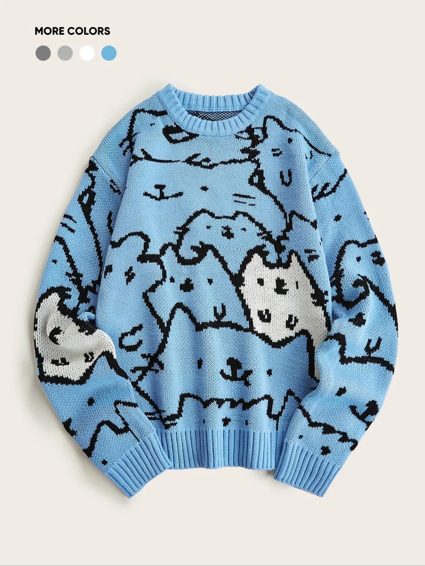 Men's Cartoon Cat Print Drop Shoulder Sweater, Fashion Casual Soft Comfy Regular Fit Long Sleeve Round Neck Jumper For Summer, Men's Knitwear For Dail