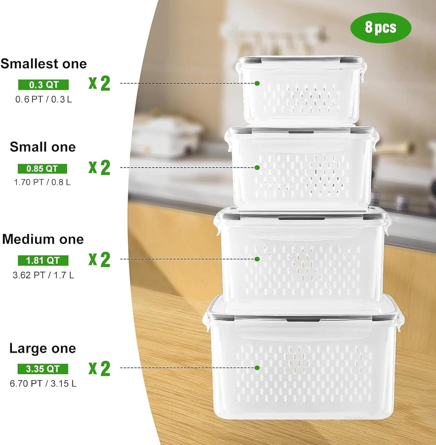 Fruit and Vegetable Organizer, 8-pack Double DrainerFruit & Vegetable Storage Box,,Kitchen Accessories Storage Organizer, Household Essentials Durable