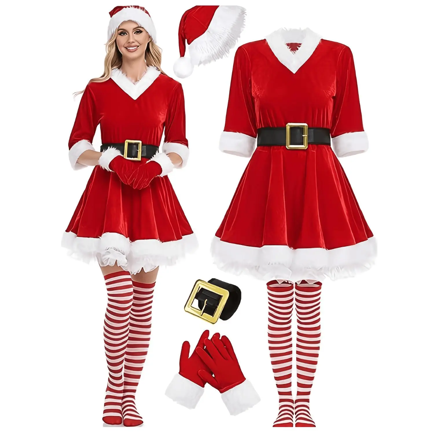 Women's Complete Santa Claus Costume Set - Dress with Belt, White Beard Trim, Red-White Elf Striped Stockings, Santa Hat for Christmas Parties, Parades (Holiday Clothes & Accessories)