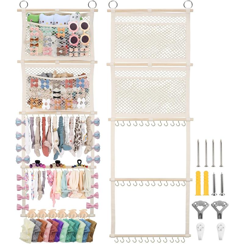 Headband Holder, 17x50in Bow Holder W/ 2 Mesh Pockets & 36 Metal Hooks, Bow Organizer for Girls Hair Clip Jewerly, Wall Hanging Hair Accessories Storage Hanger for Baby Toddler Nursery Decor(Beige)