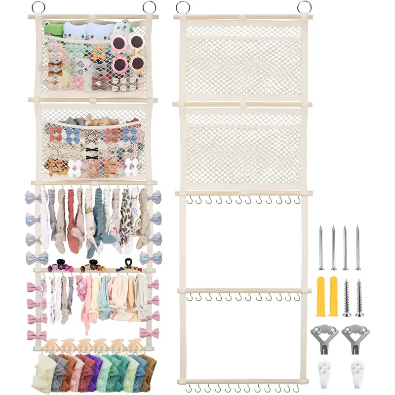 Headband Holder, 17x50in Bow Holder W/ 2 Mesh Pockets & 36 Metal Hooks, Bow Organizer for Girls Hair Clip Jewerly, Wall Hanging Hair Accessories Storage Hanger for Baby Toddler Nursery Decor(Beige)