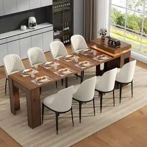 Extendable Dining Table with Charging Station & LED Lights, 19.7" to 98.4" Walnut Faux Marble Dining Table, Rectangle Console Table for 2-8, Space Saving Kitchen Table (No Chairs)