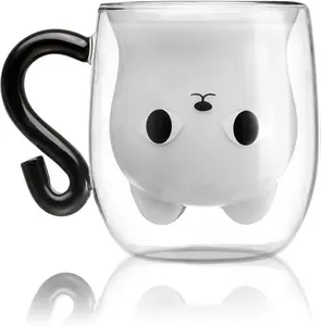 Cute Mugs, Cute Cat Mugs Anime Style Double Walled Mug, 250ml, Insulated double wall Espresso Cat Mug Gift Box, Milk Coffee Cat Mug with Handle 100% Borosilicate Thick Glass with Handle, Shaped pot encouragement gift Mug Gift Set gifts boyfriend
