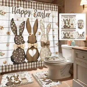 1/4pcs Cute Fun Cottage Rabbit Easter Egg Bath Curtain Set, Shower Curtain Sets with Non-Slip Mat, U-Shaped Rug, Toilet Seat Cover, Includes 12 Shower Hooks for Bathroom Decor
