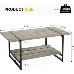 2-Tier Farmhouse 41'' Large Gray Wood Coffee Table with Storage Shelf -Modern Rustic Metal Rectangle Center Living Room Coffee Table Accent Furniture for Home Office,Easy Assembly(Grey)