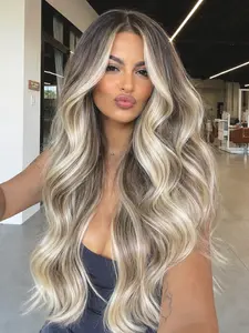 26 Inch Dark Root Ash Blonde Balayage Wavy Texture Wig Heat Resistant Synthetic Hair Glueless Natural Hairline Perfect for Daily Wear & Parties Wavy Wigs