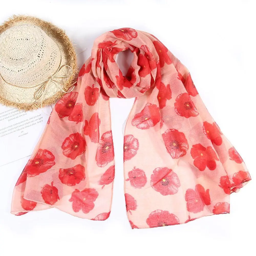 Colorful Poppy Print Scarf 180*90cm Smooth Poppy Floral Shawl Breathable Cotton Voile Poppies Floral Wrap for Women Ladies
