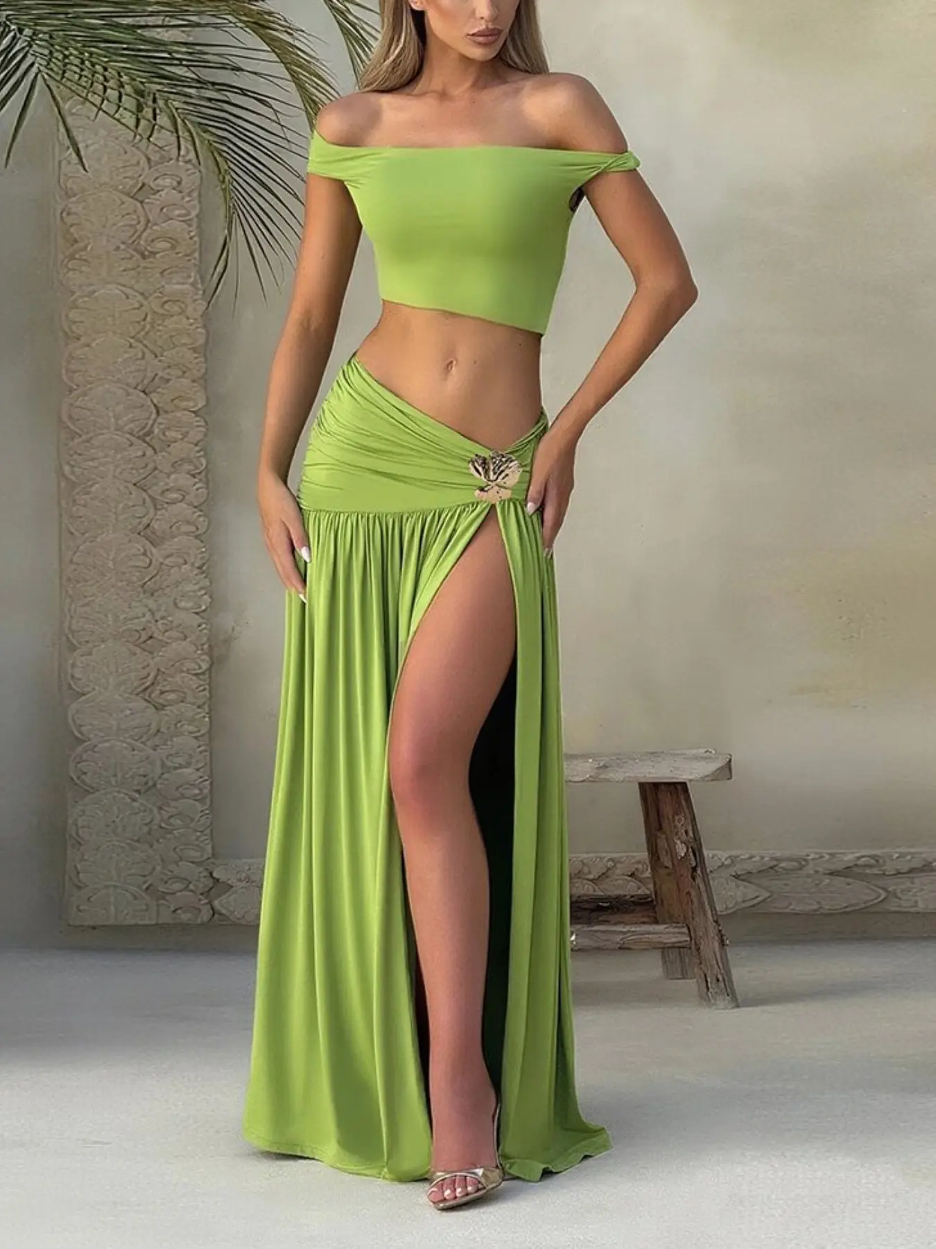 Sexy Asymmetrical Crop Top Set, Women, Fitted Sleeveless Tee & Ruched High Slit Skirt, Perfect for Daily Wear, Parties, Weddings, Evening Events
