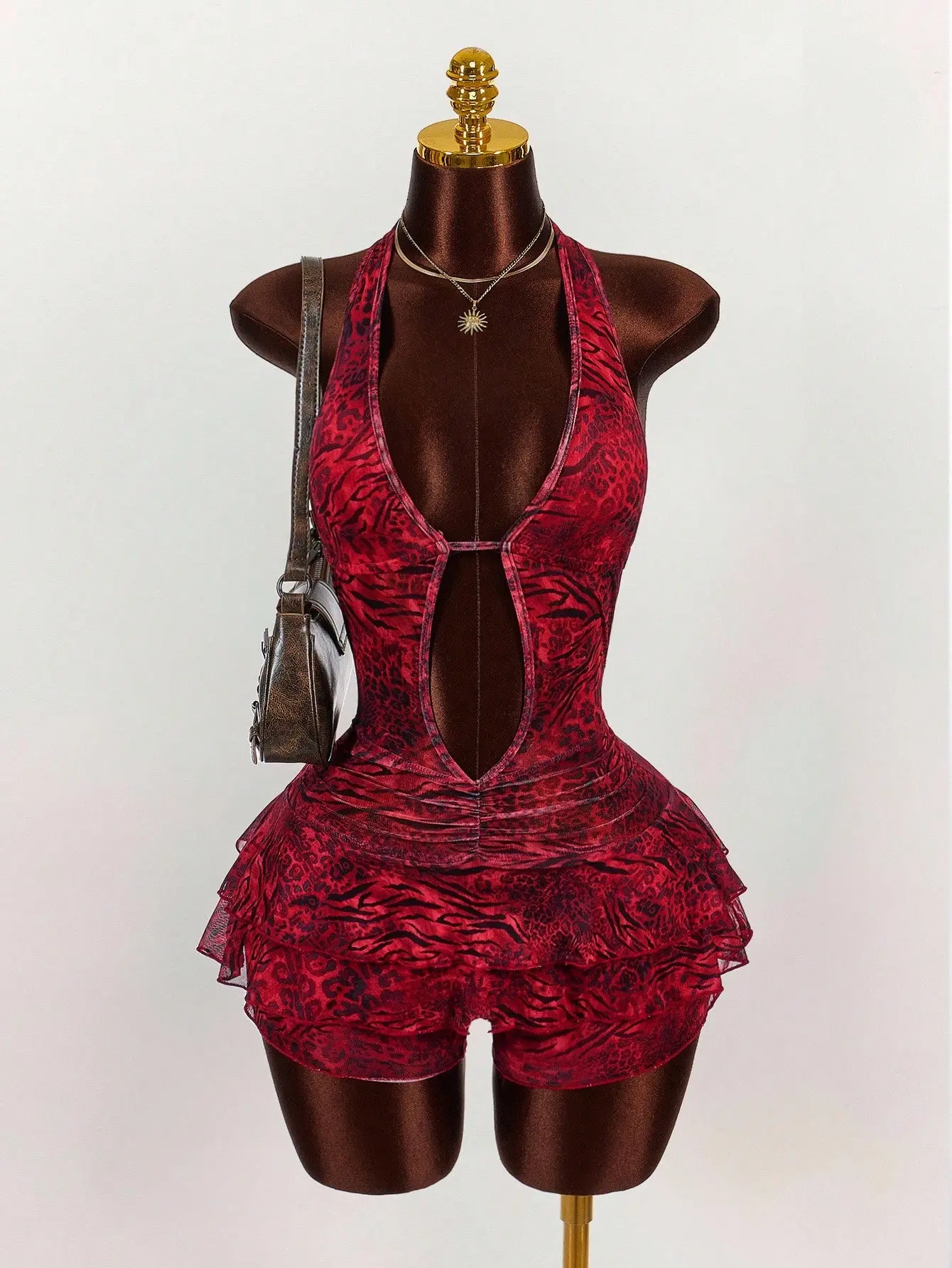 Women's Leopard Print Stretchy Fabric Halter Neck Sleeveless Deep V-Neck Flat Bodysuit - Day & Summer Going Out Style Fashion Apparel Top