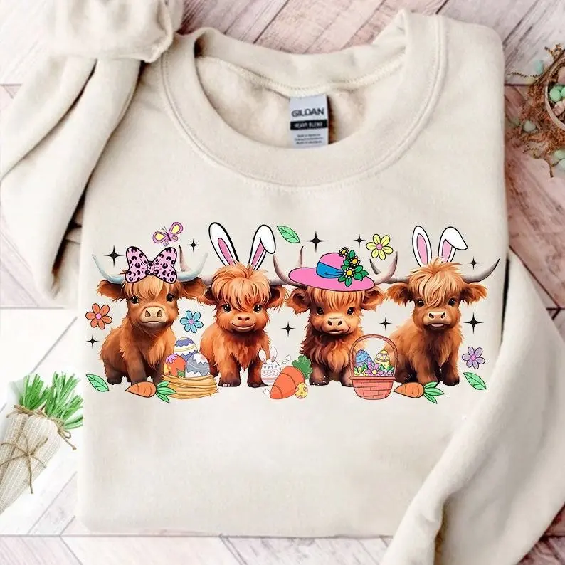 Easter Day Baby Highland Cow, Retro Easter , Easter Bunny, Clover, Shamrock, Happy Easter Sublimation