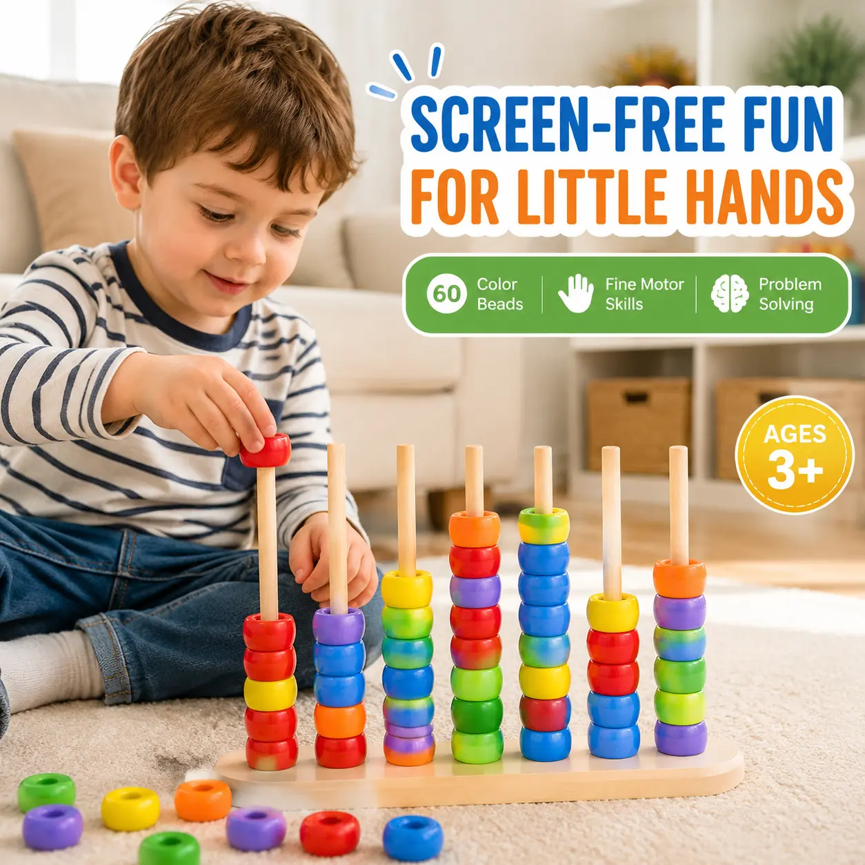 Unisex Montessori Wooden Bead Sorting Toy for Toddlers Ages 3+, Screen-Free Color Matching Game, Fine Motor Skills Activity, Preschool Math Educational Gift