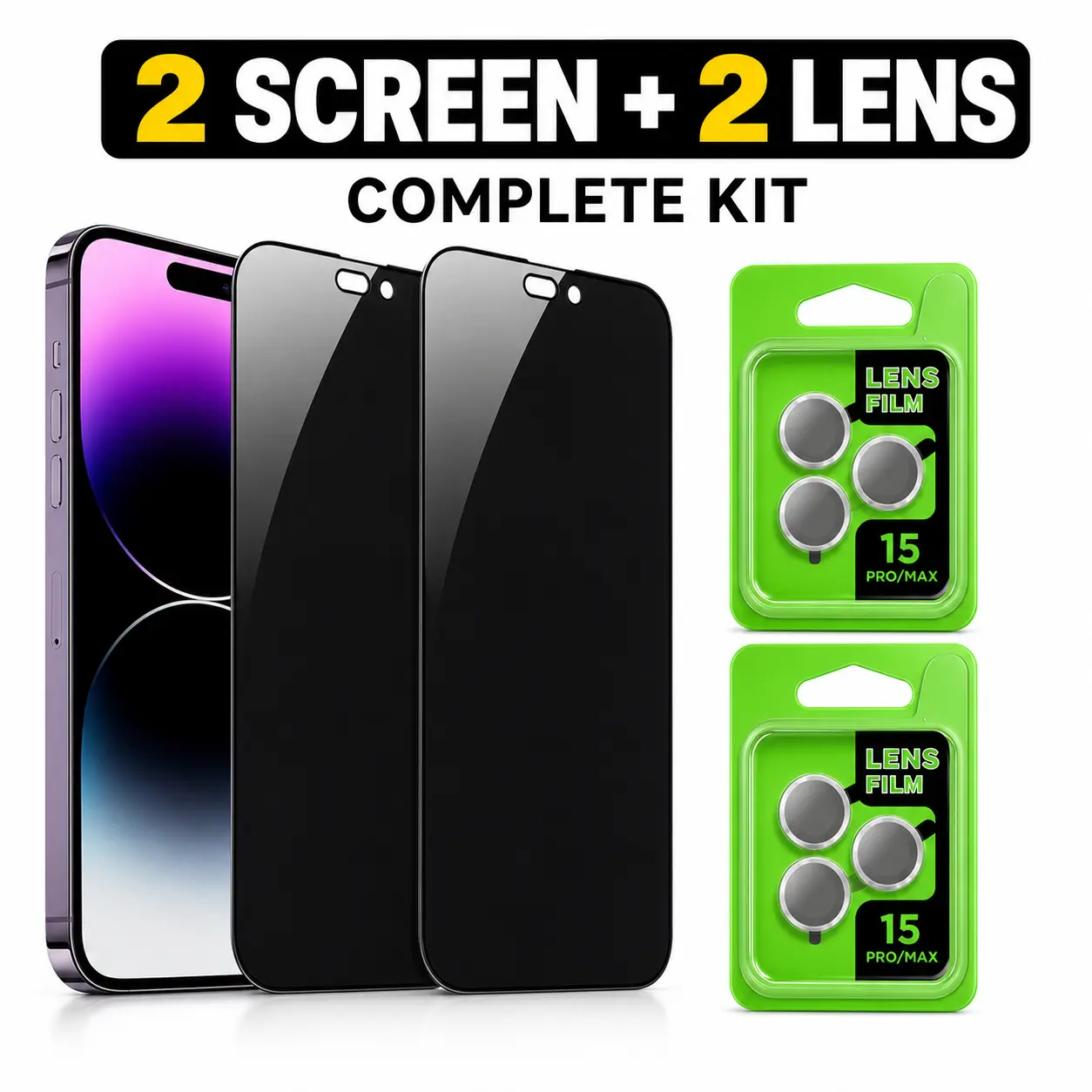 4-Piece Privacy Screen & Camera Lens Protector Kit for iPhone 17/16/15/14/13 Series – 2 Privacy Glass + 2 Lens Protector Packs, 28° Anti-Spy, 0.33mm High-Alumina 3H Tempered Glass, Anti-Static Adhesive, Easy Fold Installation