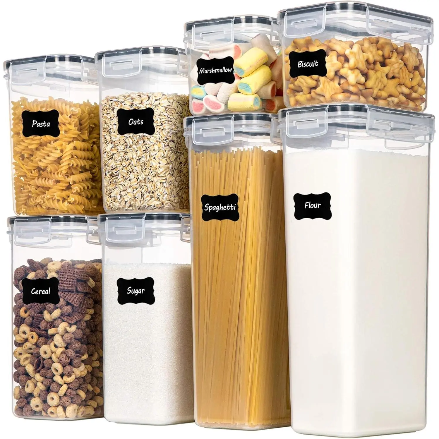 8 Airtight Dry Food Containers |   Neat Pantry Storage for Spaghetti, Flour & Cereals