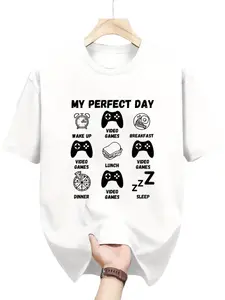 Men's Casual Short Sleeve T-Shirt, Soft Fabric, Asymmetrical Design, Long Slim Fit, Print Pattern, H-Type Silhouette, Game Life Theme