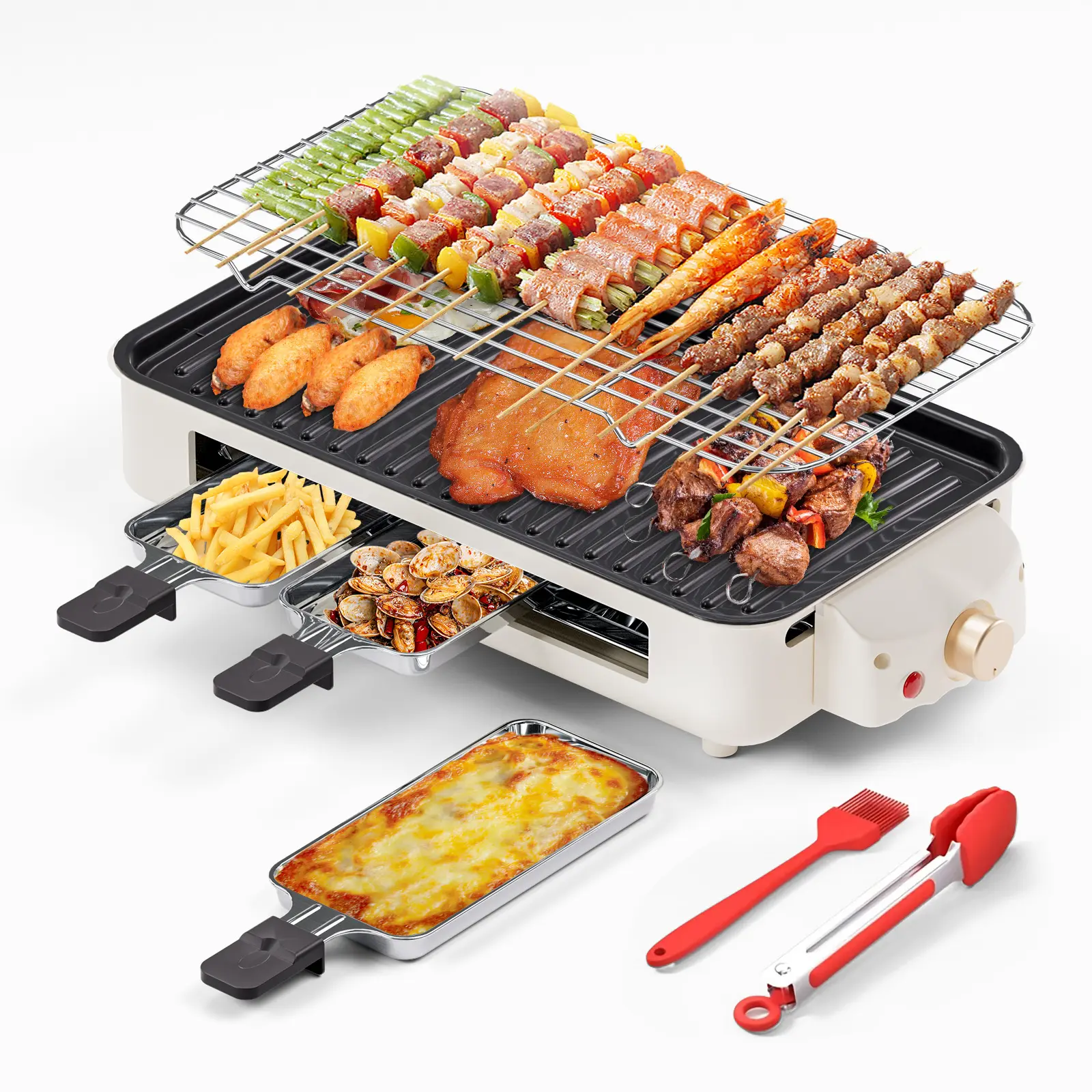TANLOOK 1500W Smokeless Non-Stick Indoor Korean Barbecue Electric Tabletop Grill - Removable Plates, Temp Control, Clip, Brush, Compact All-Purpose Kitchen Appliance
