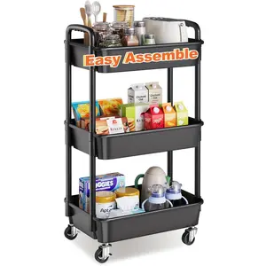 3 Tier Rolling Cart with Wheels, Black Plastic Three Tiered Shelf Organizer Carts  Lockable Wheels, Small Utility Storage Trolley for Diaper , Snack, Art, Cleaning Supplies, Kitchen, Bathroom